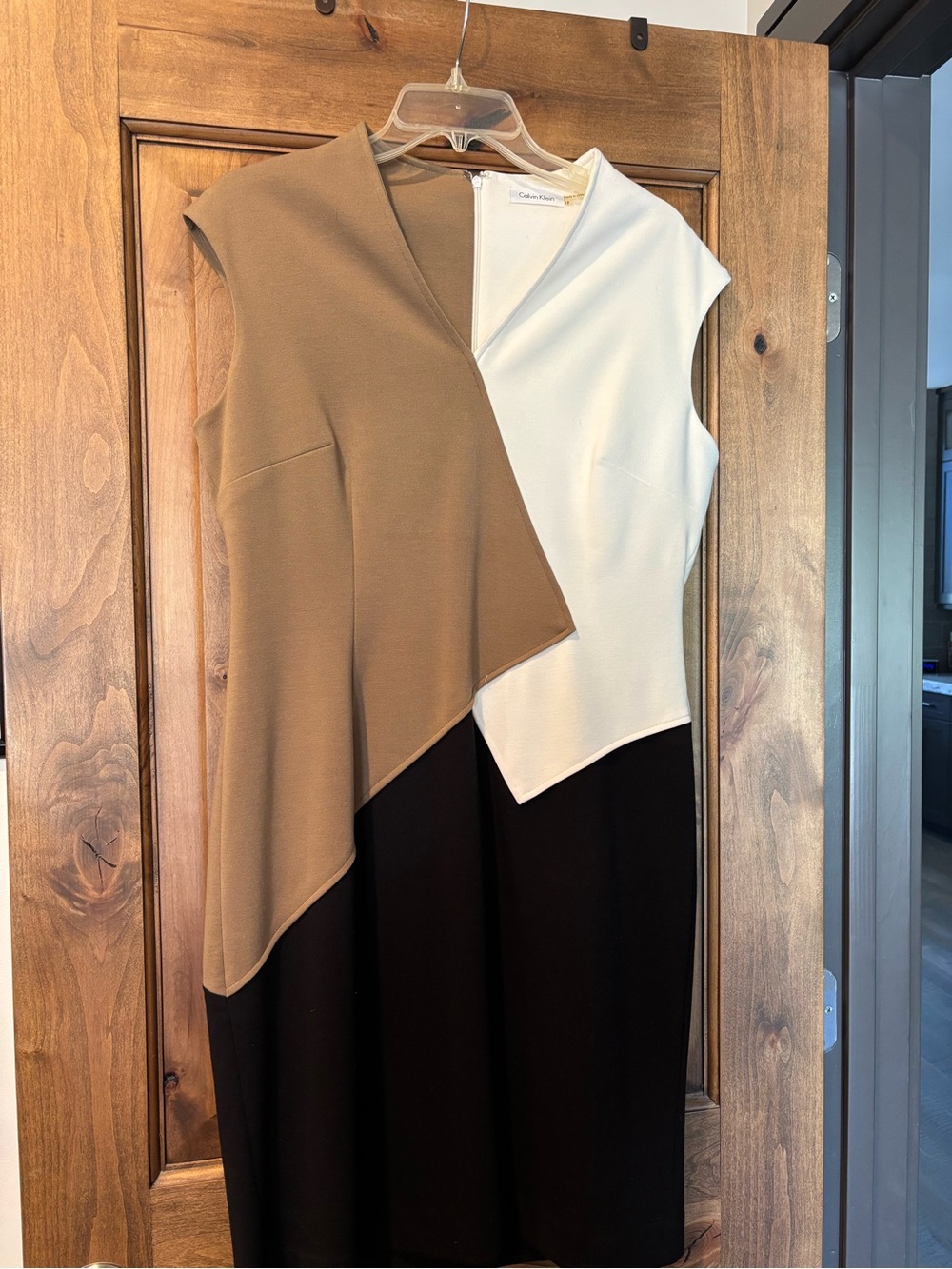 Calvin Klein Asymmetrical Colorblock Sheath Dress in Tan, Cream & Black